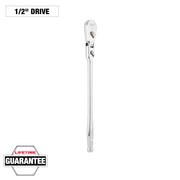 Silver 1/2" drive flex head ratchet with articulating head and long shaft.