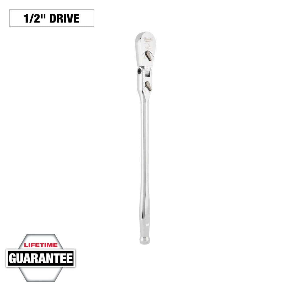 Silver 1/2" drive flex head ratchet with articulating head and long shaft.