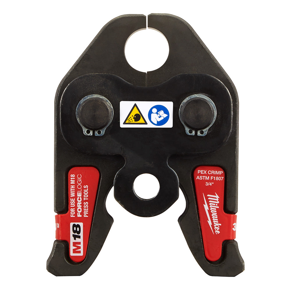 Black and red metal PEX crimp jaw head with two circular openings and mounting holes for M18 press tool.