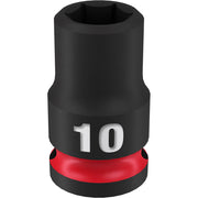 Black socket with "10" marking and red grip band, 6-point opening at top, 3/8" drive connection.