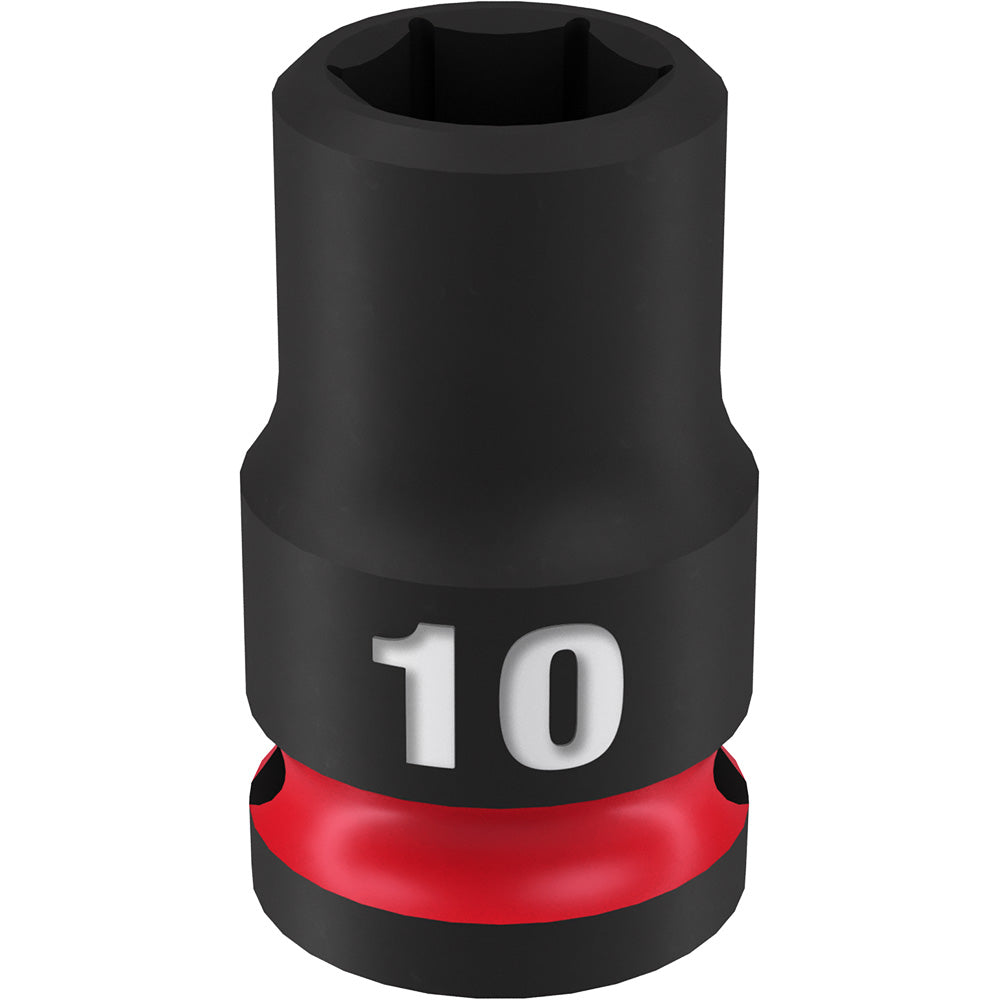 Black socket with "10" marking and red grip band, 6-point opening at top, 3/8" drive connection.