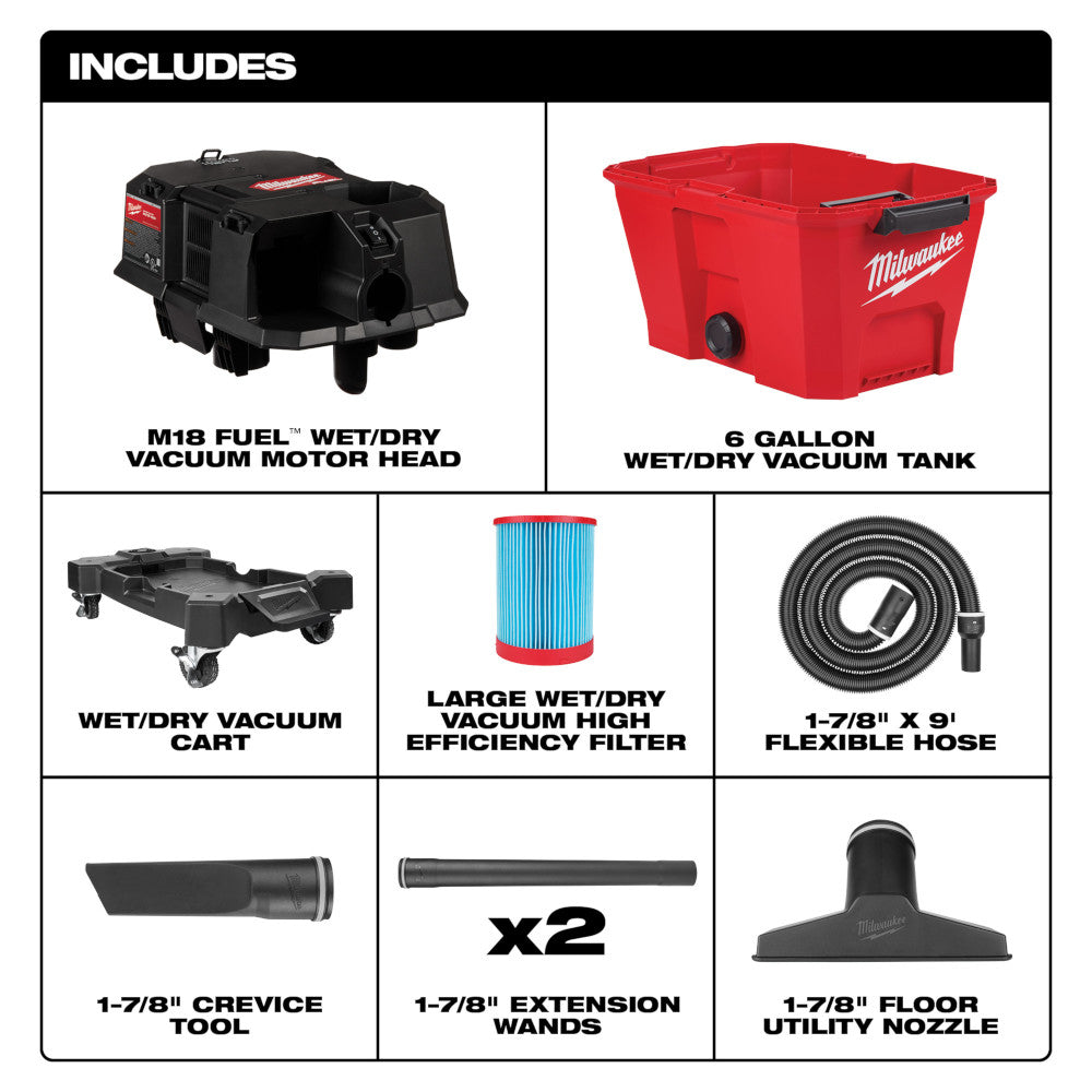 Black M18 FUEL motor head, red 6-gallon tank, cart, filter, hose, crevice tool, extension wands, and floor nozzle.