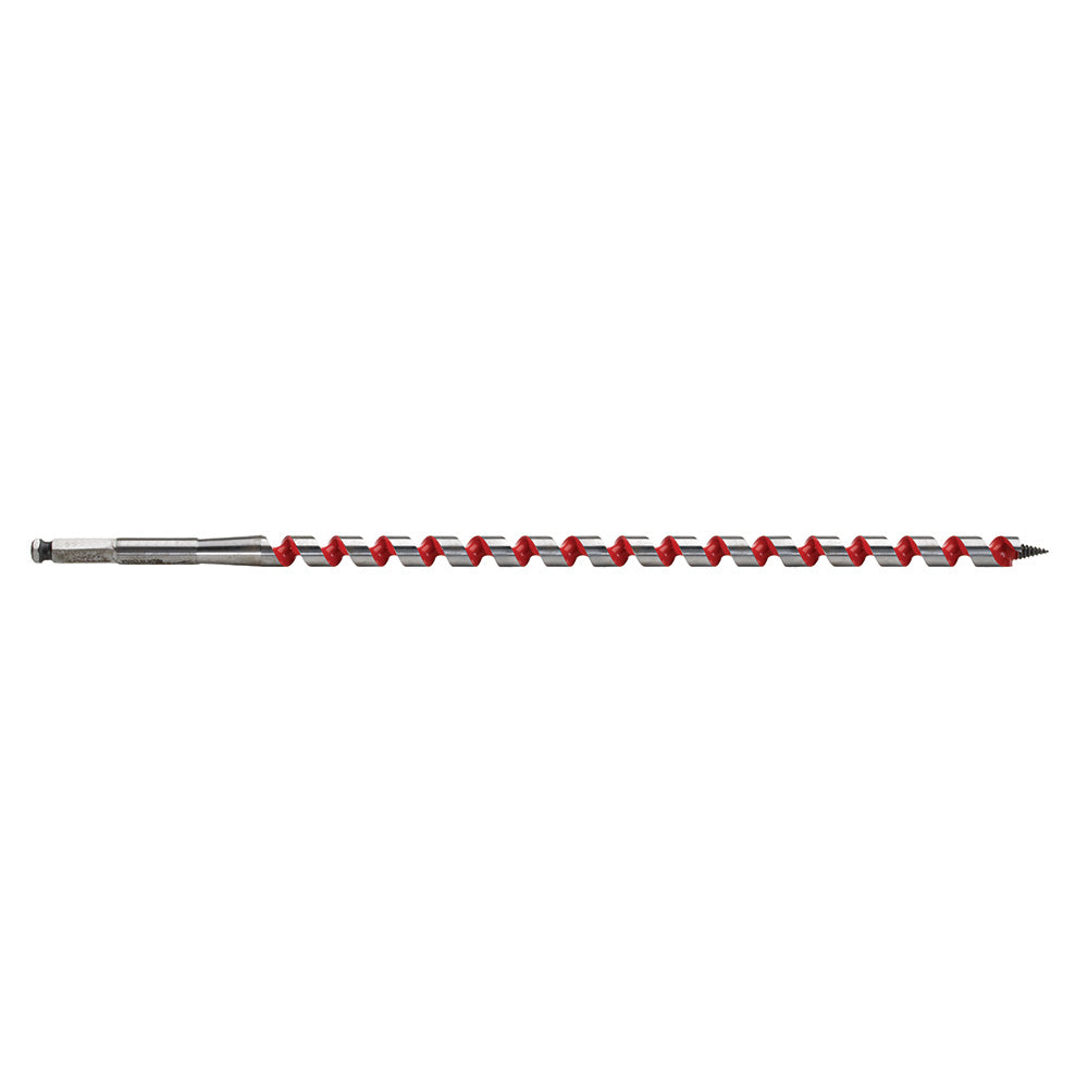 Milwaukee ship auger bit with metal shaft and red spiral flutes, 9/16 inch diameter, 18 inches long.