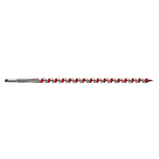 Milwaukee ship auger bit with metal shaft and red spiral flutes, 9/16 inch diameter, 18 inches long.