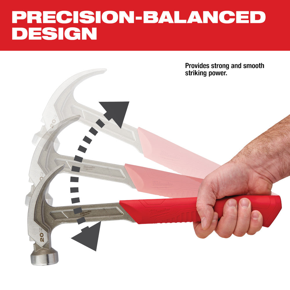 Curved claw hammer with red grip held in hand, showing smooth metal striking face and metal claw end.