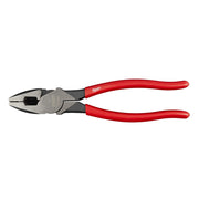 Milwaukee linesman's pliers with metal jaws, black and gray head, and red dipped handles.