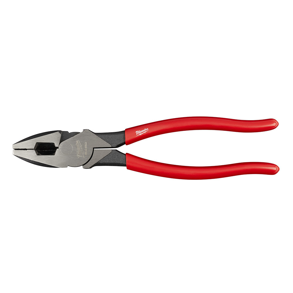 Milwaukee linesman's pliers with metal jaws, black and gray head, and red dipped handles.