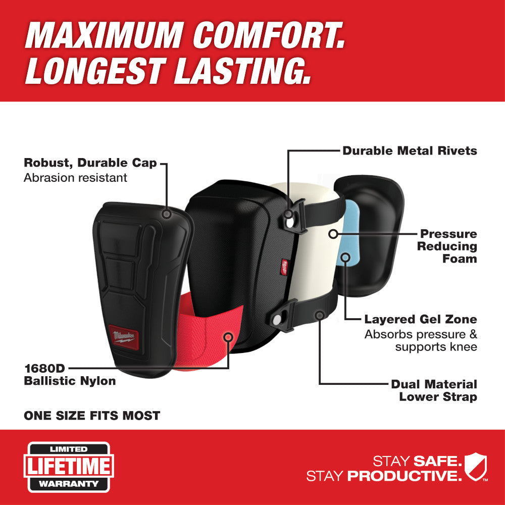 Black knee pad with rigid cap, gel cushioning, metal rivets, and adjustable straps shown from front and side angles.