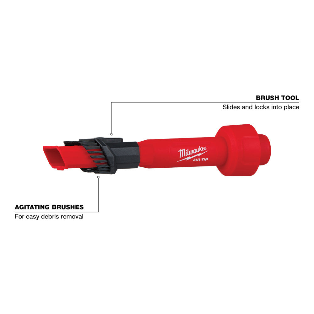 Red and black Milwaukee AIR-TIP utility brush tool with agitating bristles and removable brush head attachment.