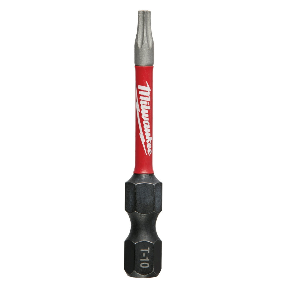 Milwaukee Shockwave Torx T10 impact power bit with red sleeve, gray tip, and black hex end.