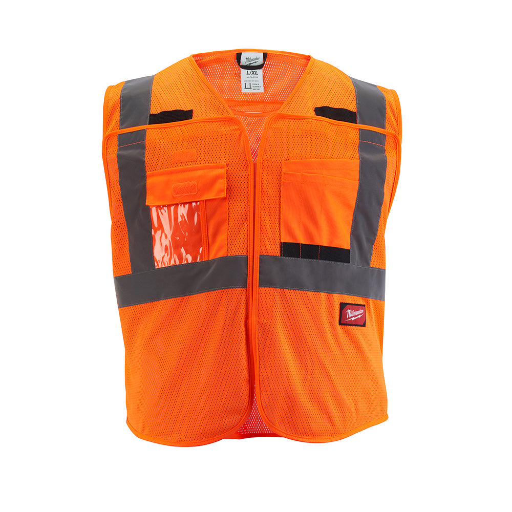 Orange mesh safety vest with gray reflective strips, front zipper, and multiple pockets.