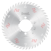 Silver circular saw blade with multiple teeth around edge, Freud branding in center, and red and white markings on face.