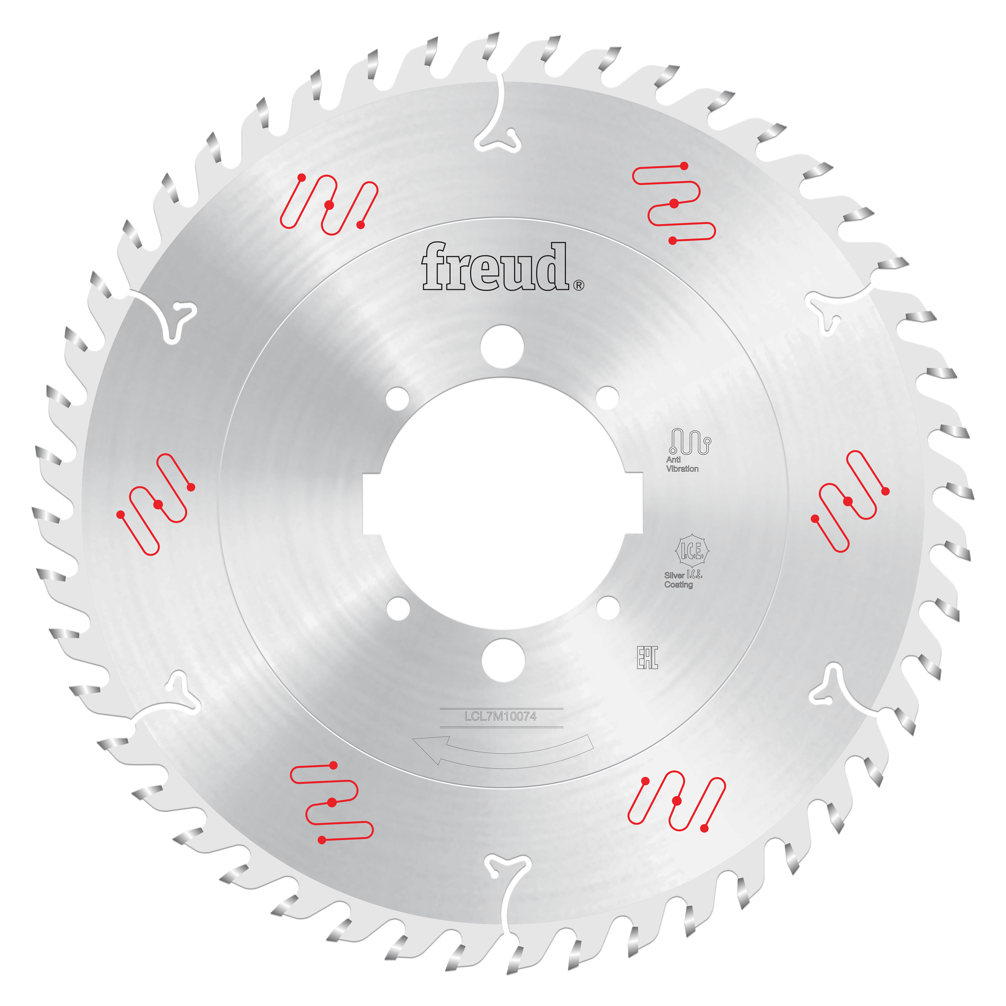 Silver circular saw blade with multiple teeth around edge, Freud branding in center, and red and white markings on face.