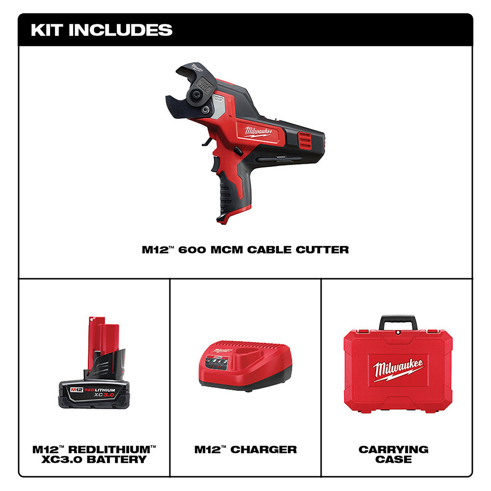 Milwaukee M12 600 MCM cable cutter with red and black body, includes battery, charger, and carrying case.