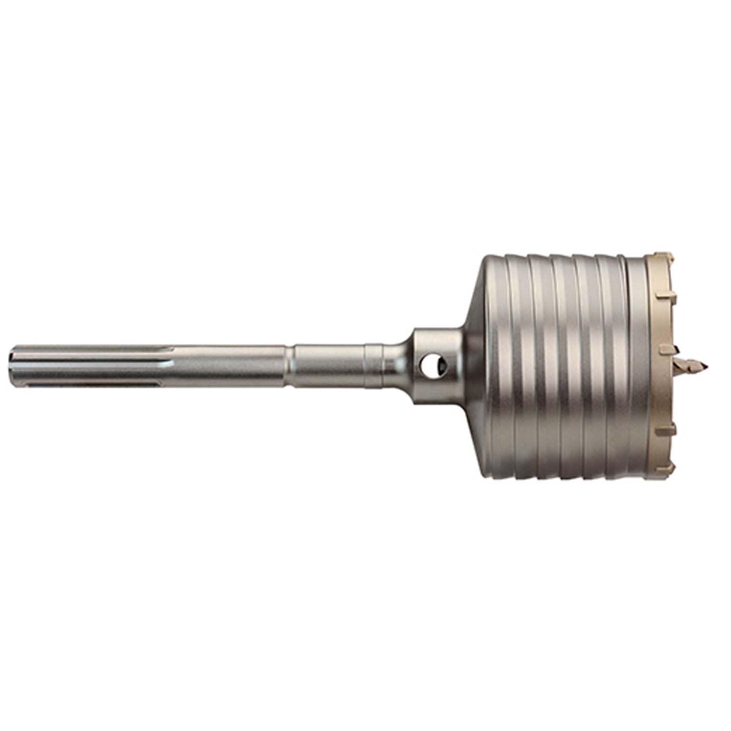 Milwaukee SDS-Max core drill bit with 2 inch diameter and 22 inch length, featuring grooved metal cutter head and shank.