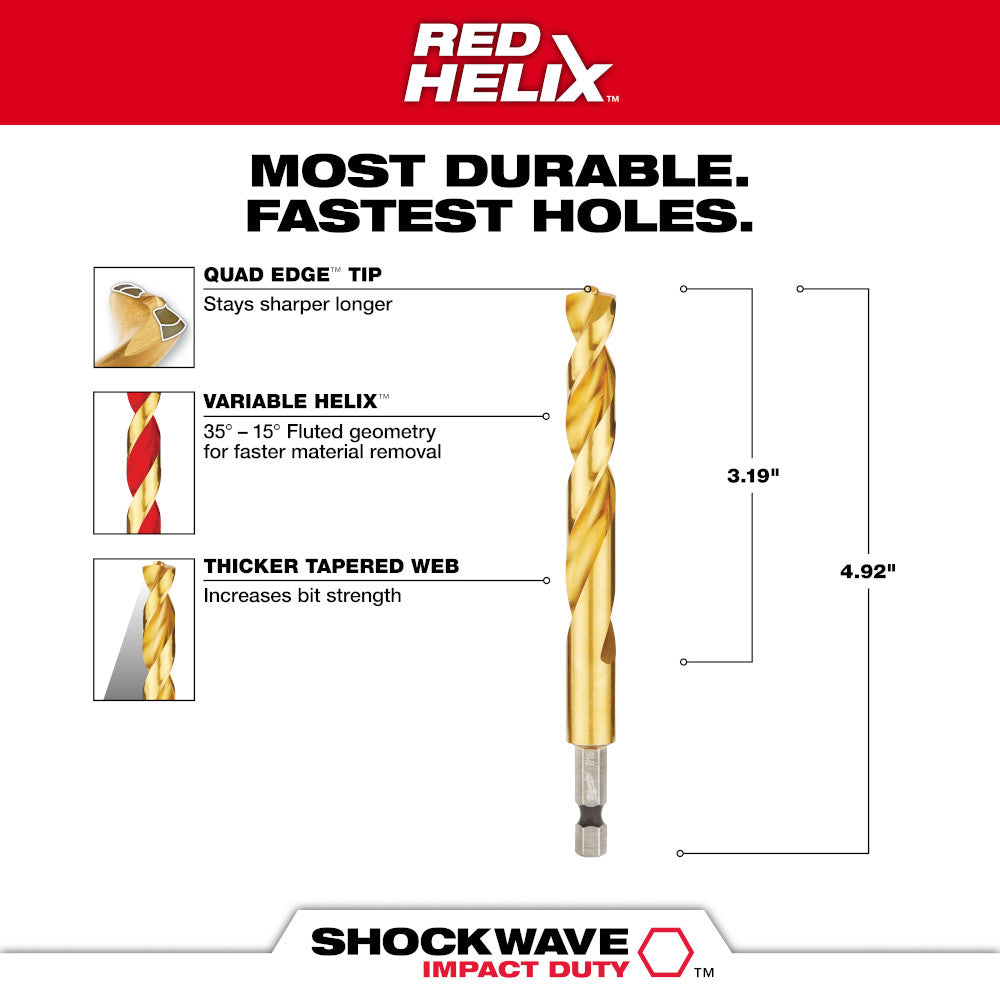 Gold titanium drill bit with quad edge tip, variable helix flutes, and tapered web design with hex shank.