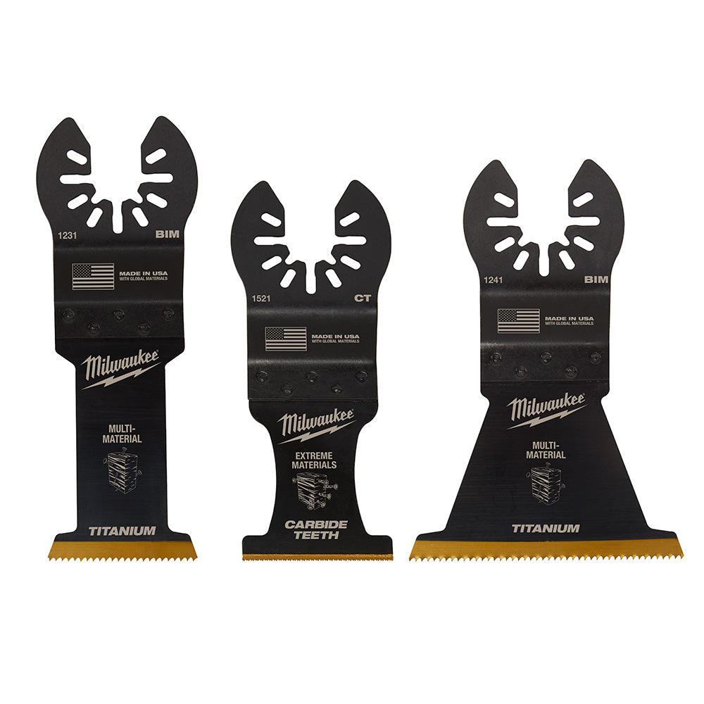 Three Milwaukee OPEN-LOK multi-tool blades with titanium and carbide cutting edges in black.