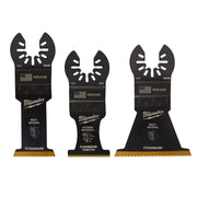 Three Milwaukee OPEN-LOK multi-tool blades with titanium and carbide cutting edges in black.