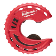 Red Milwaukee 1/2" close quarters tubing cutter with serrated grip edges and metal cutting wheel.