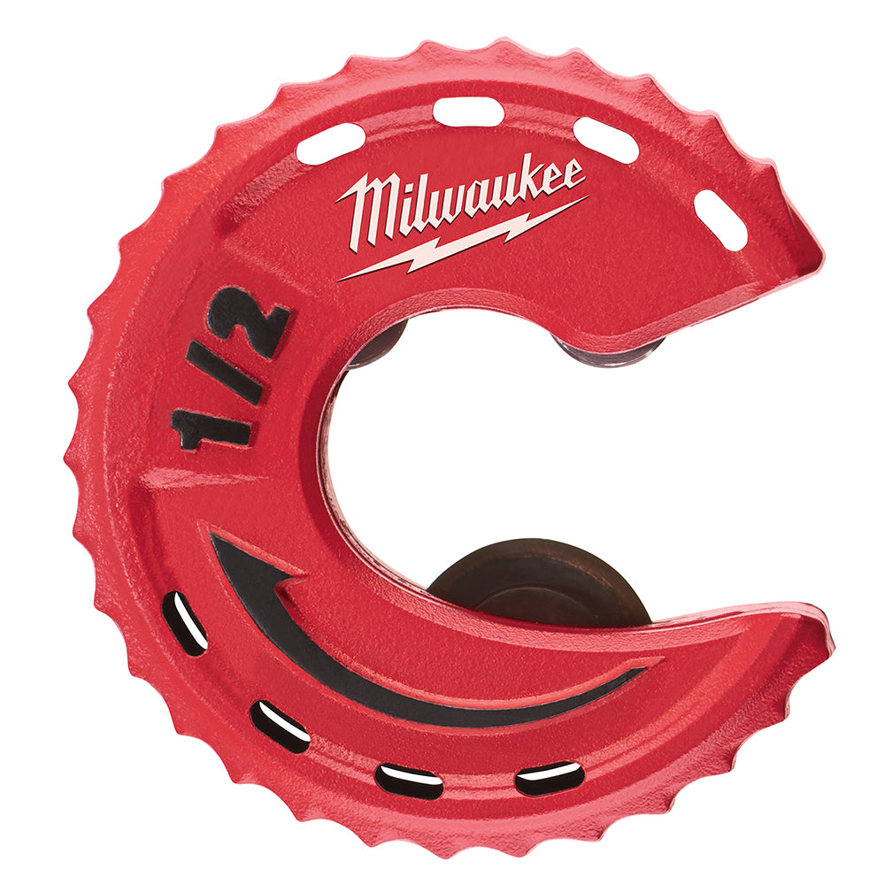 Red Milwaukee 1/2" close quarters tubing cutter with serrated grip edges and metal cutting wheel.