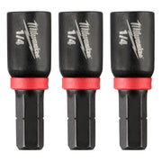 Three black magnetic nut drivers with red bands and Milwaukee Shockwave branding on the heads.
