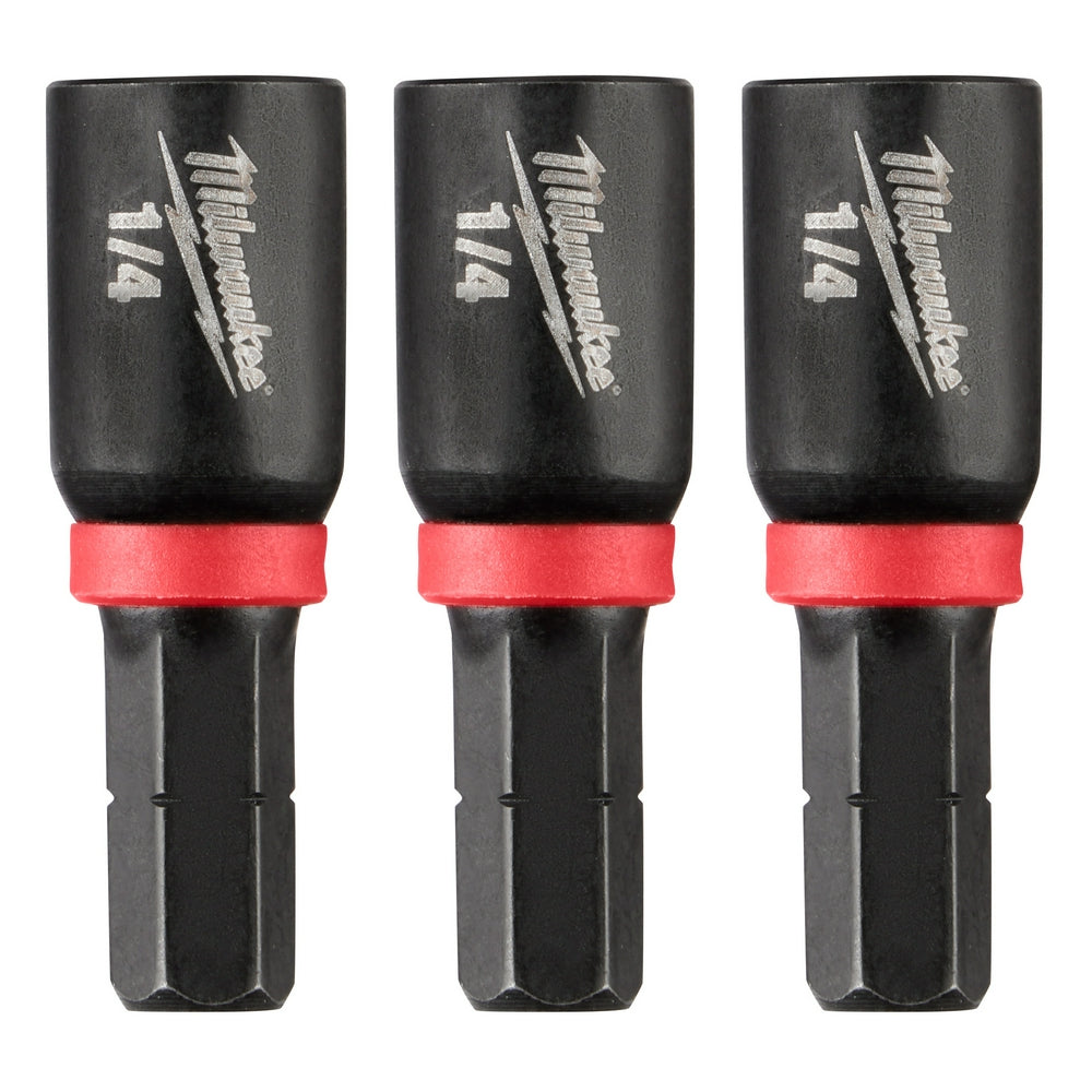 Three black magnetic nut drivers with red bands and Milwaukee Shockwave branding on the heads.