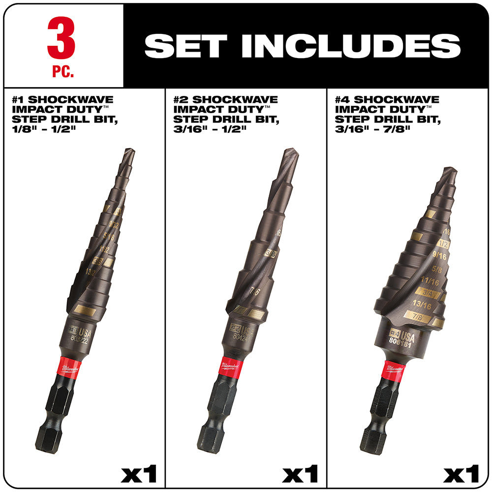 Three Milwaukee Shockwave Impact Duty step drill bits with sizes #1, #2, and #4 displayed vertically with red sleeves and bla