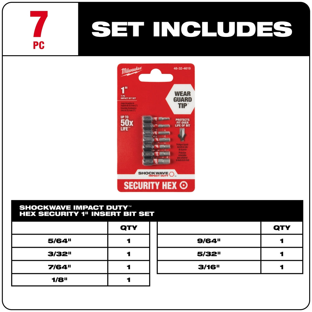 Milwaukee Shockwave Impact 7-piece security hex insert bit set in red packaging with included bit sizes listed.