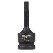 Black Milwaukee Shockwave hex bit socket with 6mm hex bit and 1/2 inch drive, labeled on side.