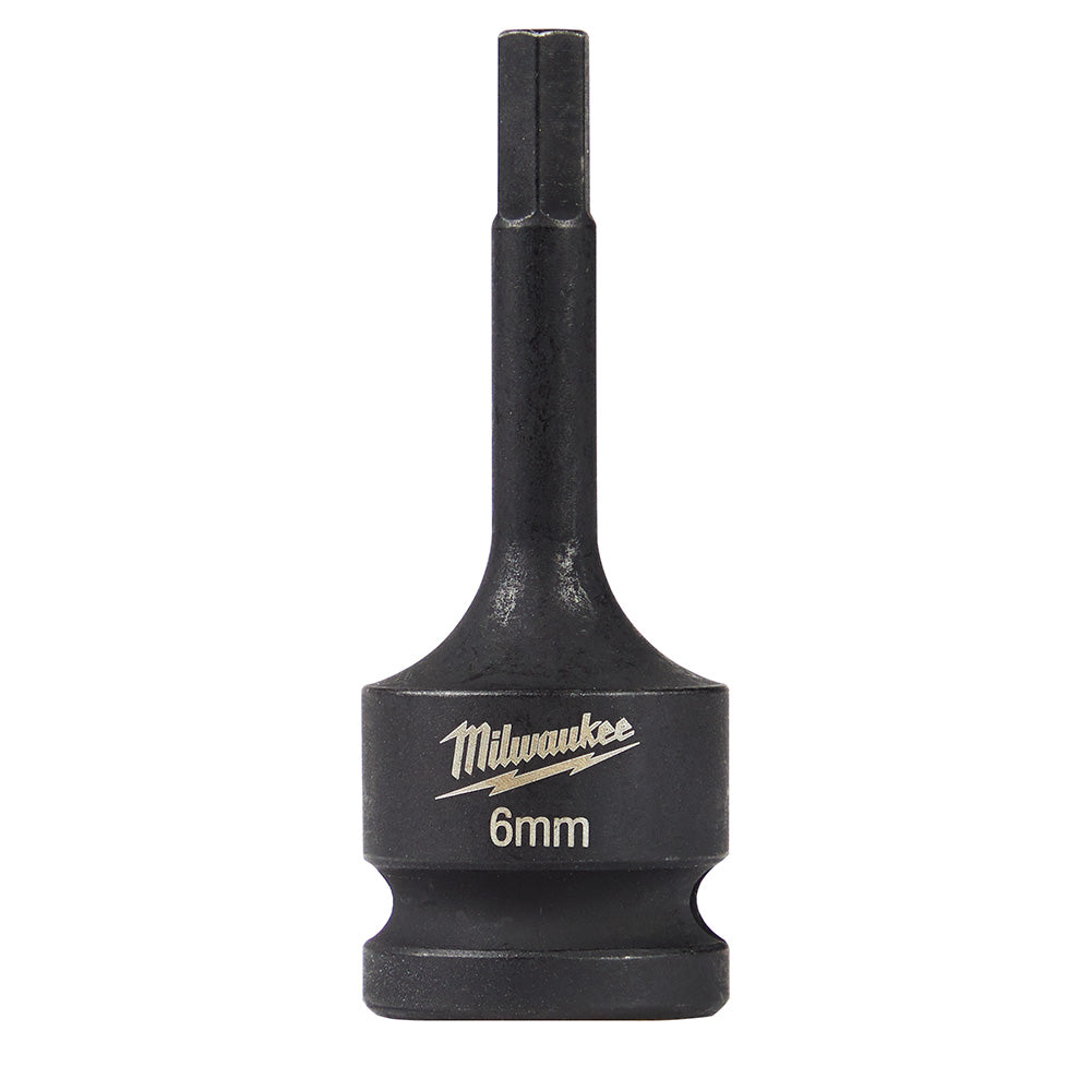 Black Milwaukee Shockwave hex bit socket with 6mm hex bit and 1/2 inch drive, labeled on side.