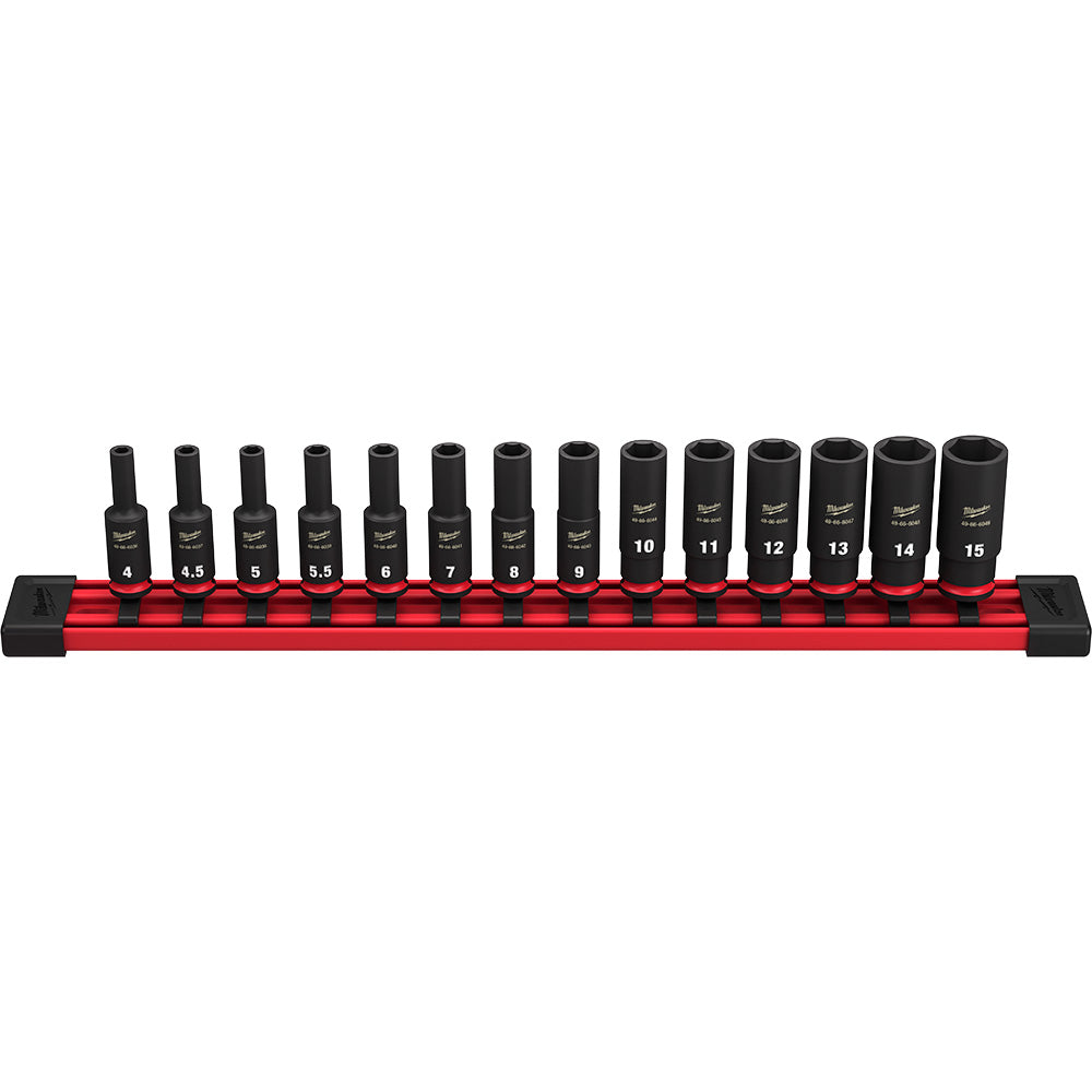 14-piece metric deep socket set with black sockets arranged in red storage rail, labeled sizes 4 to 15.