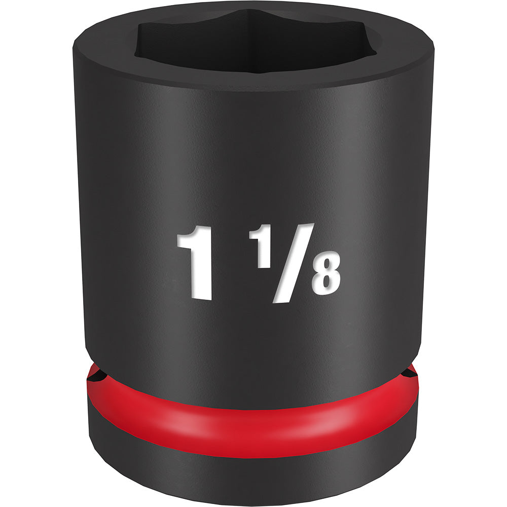 Black impact socket with 1 1/8" marking and red band around base, 6-point hexagonal drive opening.