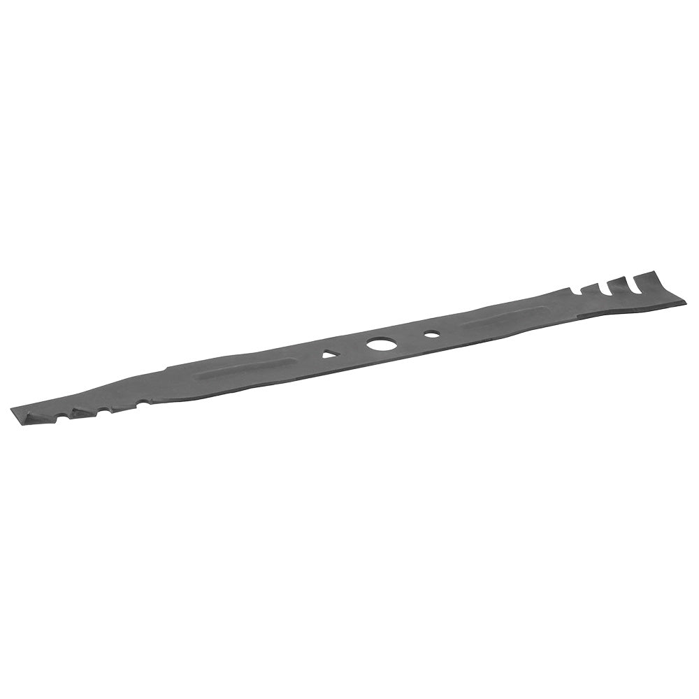 Black metal mower blade with high-lift design, mounting holes, and serrated edges on right end.