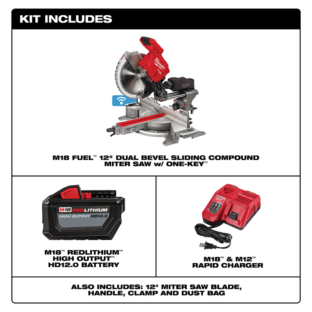 Red and gray M18 FUEL 12-inch dual bevel sliding compound miter saw with battery, charger, and accessories included.