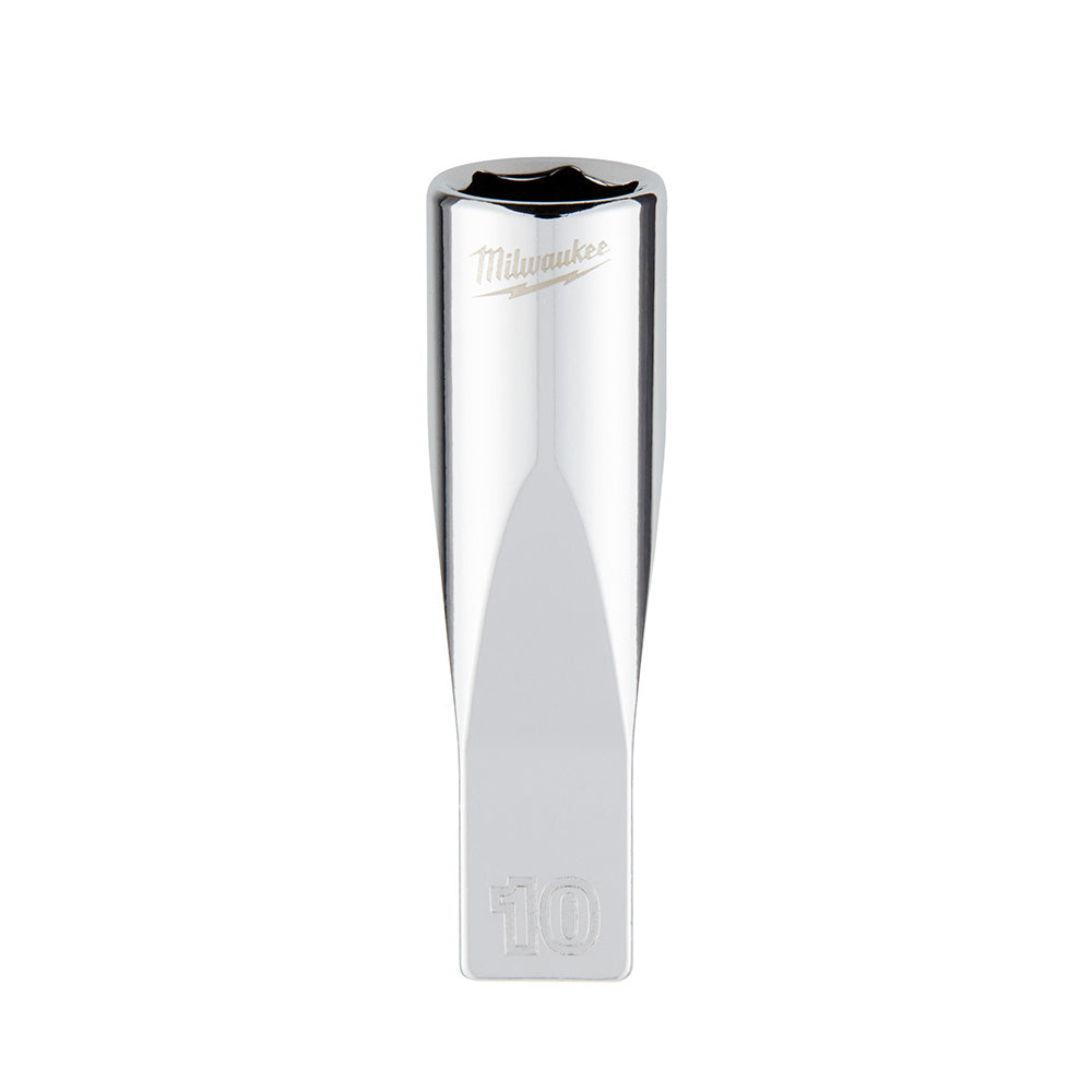 Milwaukee 10mm metric deep socket with 6-point drive and 1/4 inch connection, chrome finish.