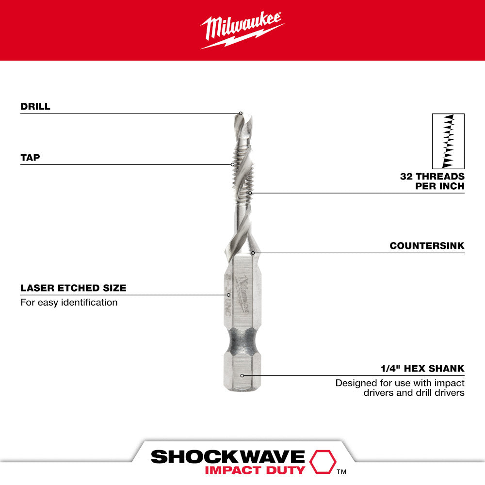 Milwaukee Shockwave impact drill tap with 1/4" hex shank, countersink, and 32 threads per inch with laser-etched size marking