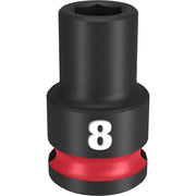 Black impact socket with white "8" marking and red grip band, 3/8" drive, 6-point design.