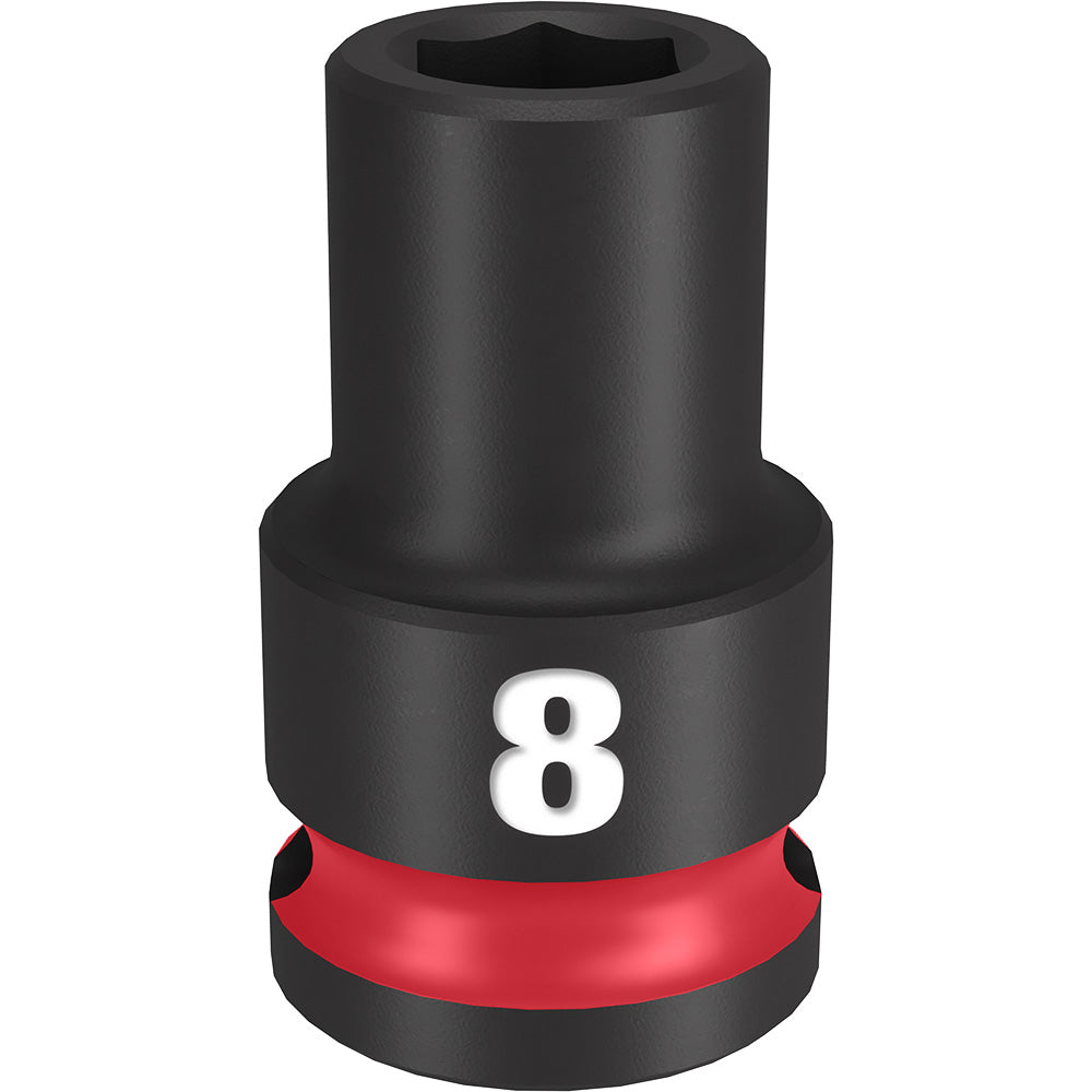 Black impact socket with white "8" marking and red grip band, 3/8" drive, 6-point design.