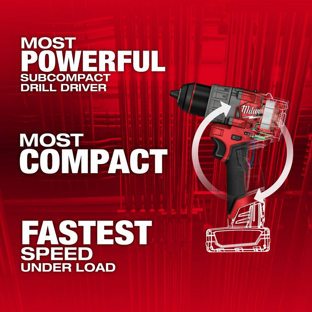 Milwaukee M12 FUEL 1/2" red and black compact drill driver with transparent battery case on red background.