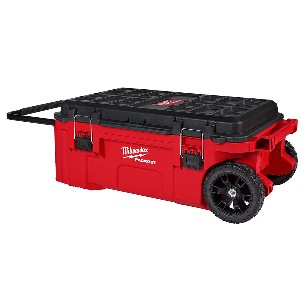 Red and black Milwaukee PACKOUT rolling tool chest with black wheels and dual latches.