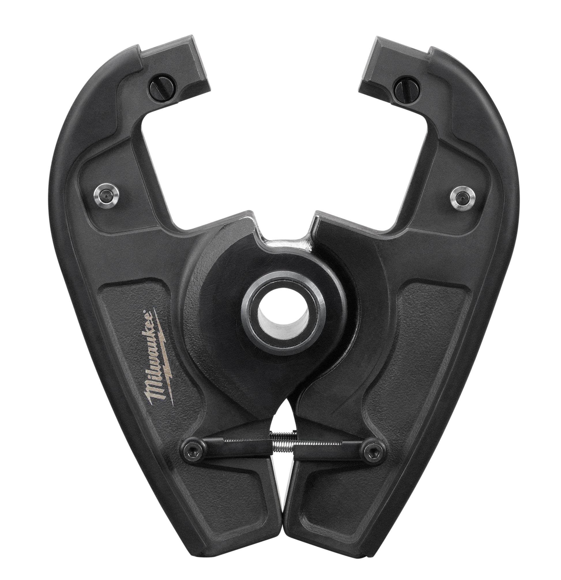 Black Milwaukee crimping jaw with curved upper arms, central circular opening, and adjustment screw at bottom.