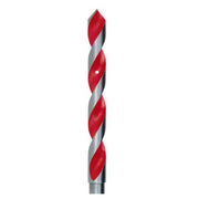 Half-inch twist drill bit with red and gray spiral flutes and pointed tip.