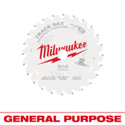 Milwaukee 6-1/2" track saw blade with 24 teeth, white with red branding and gray tooth tips.