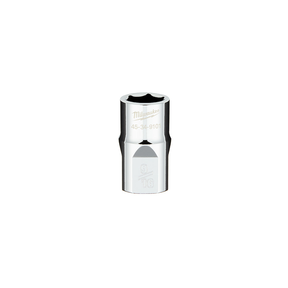Milwaukee 1/2 in. drive 9/16 in. SAE 6-point socket with flat sides and model number marking.