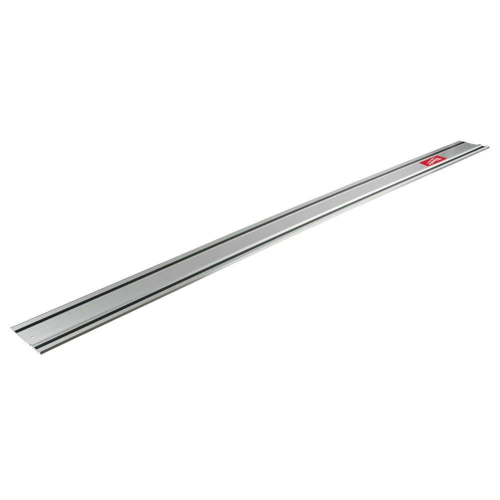 Long silver aluminum guide rail with Milwaukee branding and grooved channel running along length.