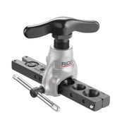 RIDGID metric flaring tool with silver body, black wing handle, black adapter block, and metal insertion pin.