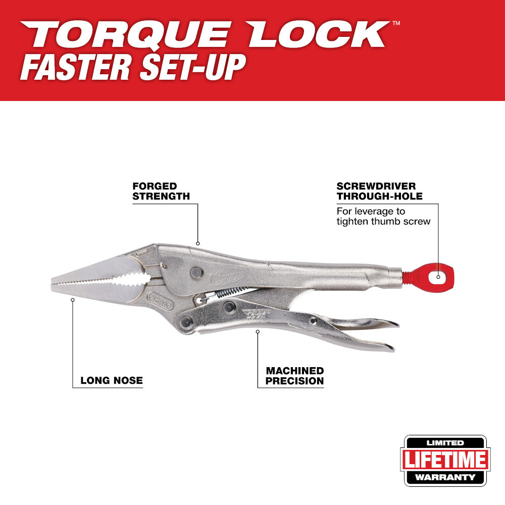 Silver metal locking pliers with long nose, red thumb screw, labeled with feature callouts including forged strength and mach