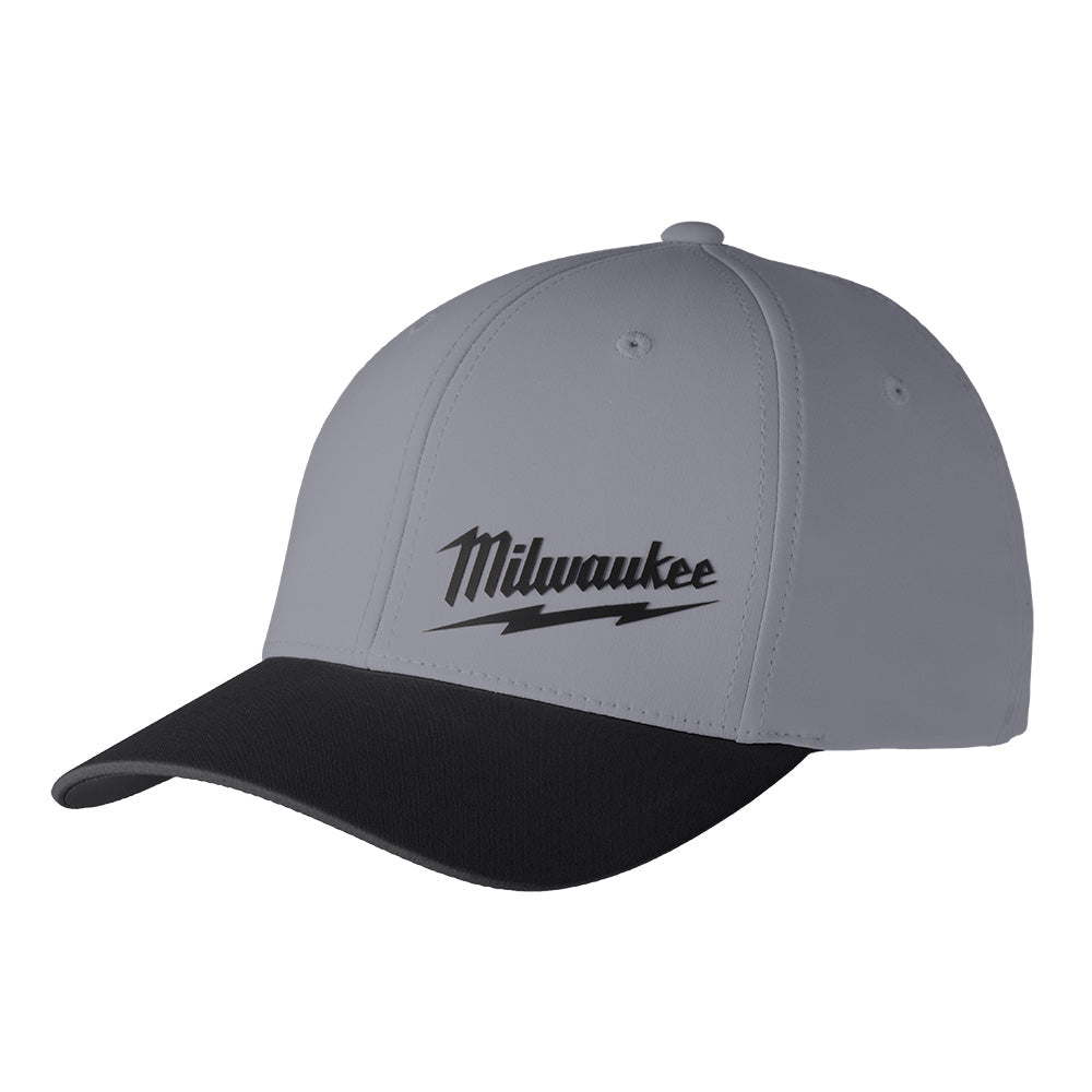 Gray and black fitted baseball cap with Milwaukee logo on front panel.