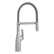 Steel semi-pro kitchen faucet with high arc flexible hose, single lever handle, and PVD finish.