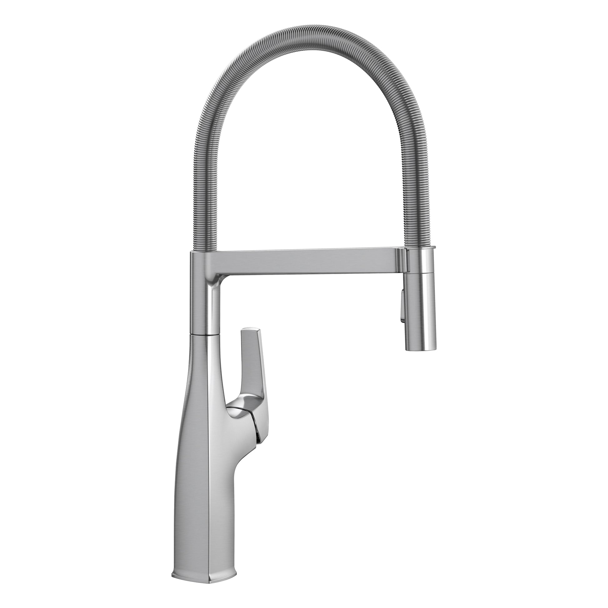 Steel semi-pro kitchen faucet with high arc flexible hose, single lever handle, and PVD finish.